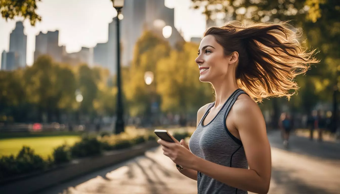 A person jogs in a vibrant city park using a MP3 player.