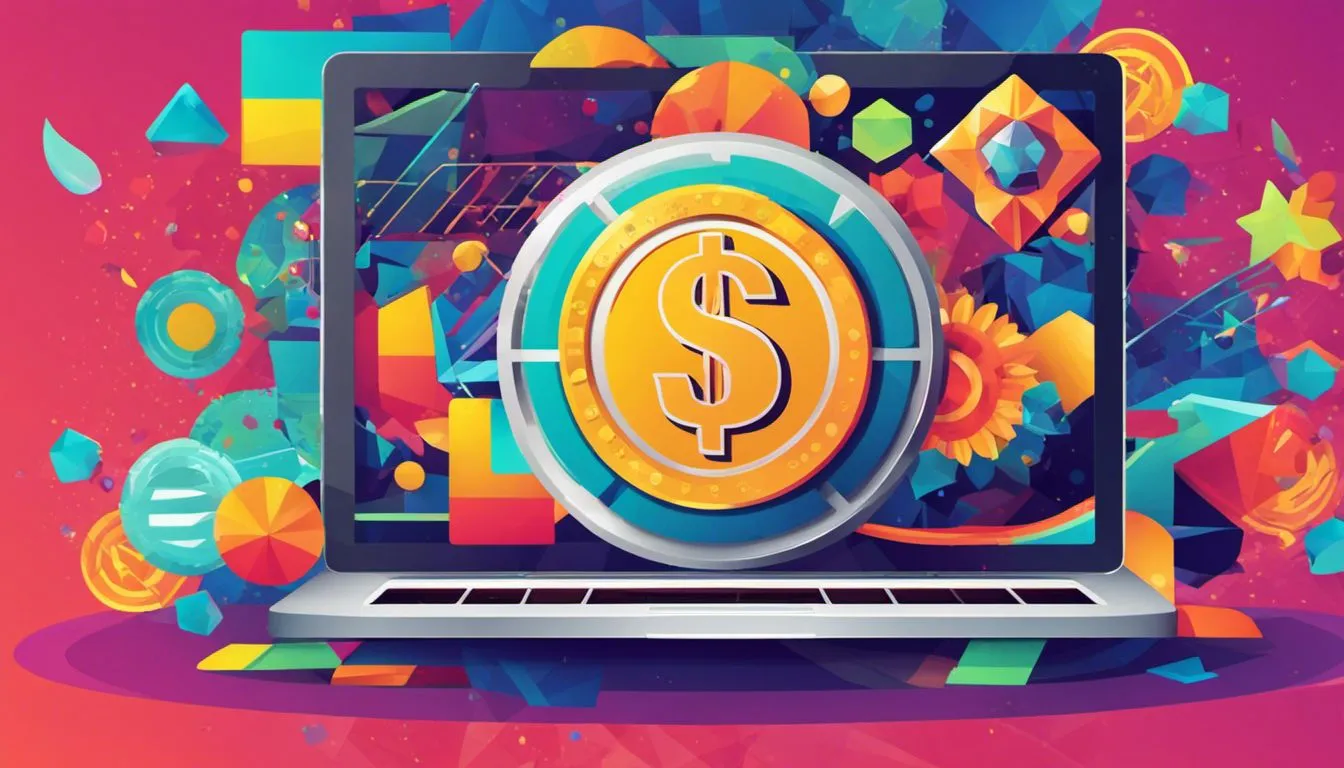 A laptop screen displaying a vibrant dollar sign surrounded by colorful geometric shapes and abstract patterns, representing the fusion of finance and creativity in the digital age. A laptop screen displaying a vibrant dollar sign surrounded by colorful geometric shapes and abstract patterns, representing the fusion of finance and creativity in the digital age.