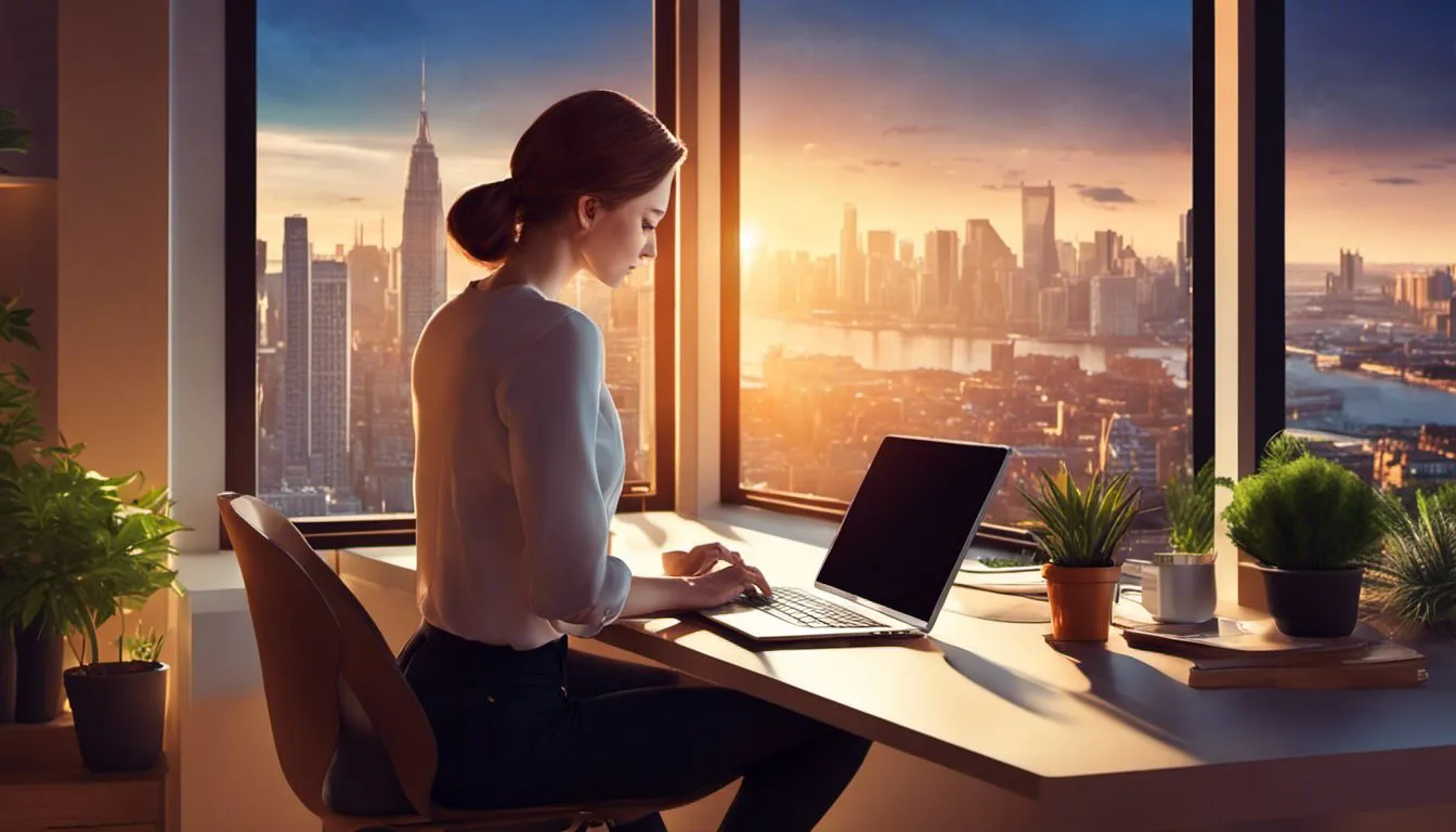 A freelancer designing websites in a contemporary workspace overlooking a cityscape. A freelancer designing websites in a contemporary workspace overlooking a cityscape.