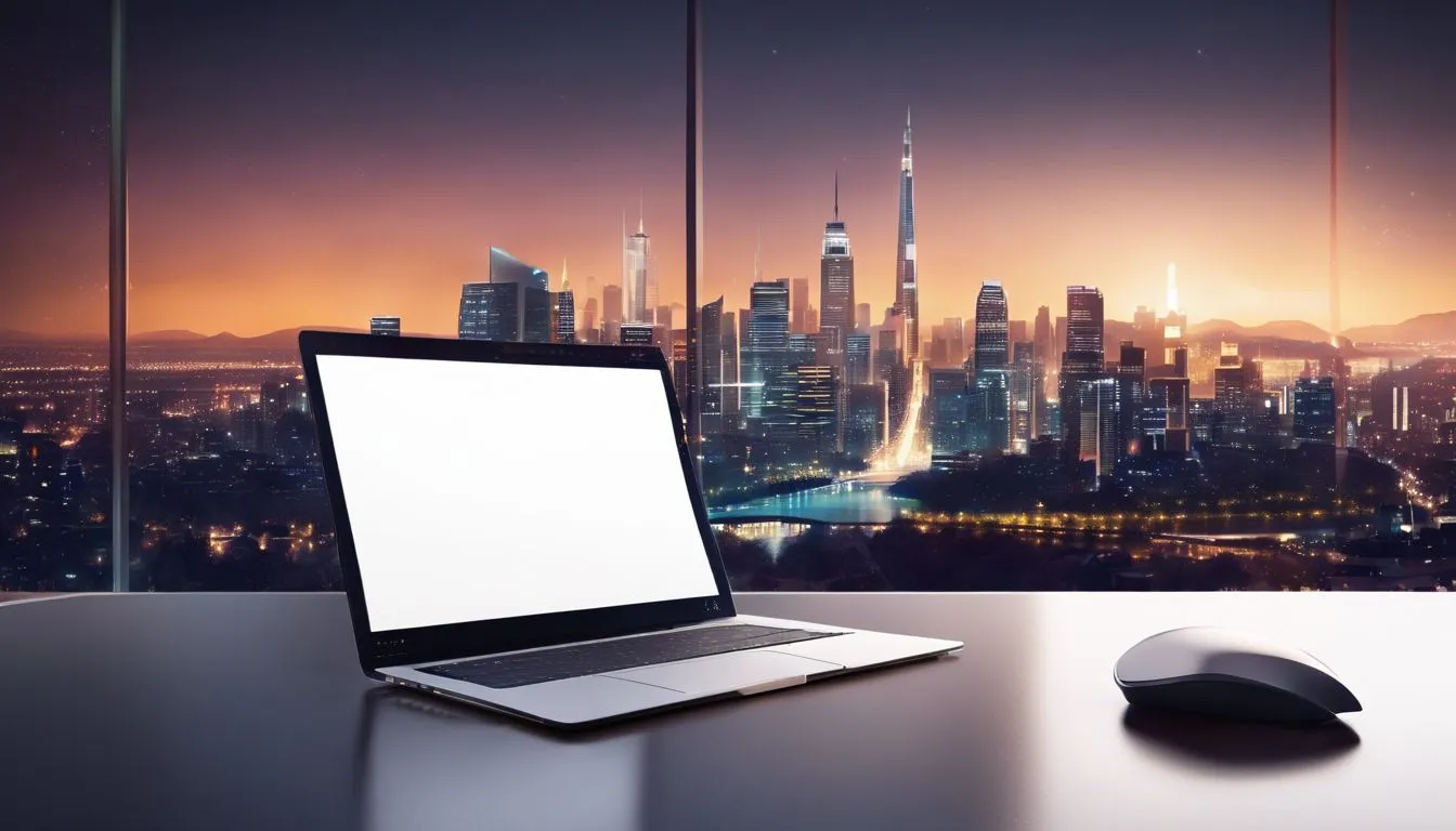 A modern desk with laptop and notebook overlooks a cityscape. A modern desk with laptop and notebook overlooks a cityscape.