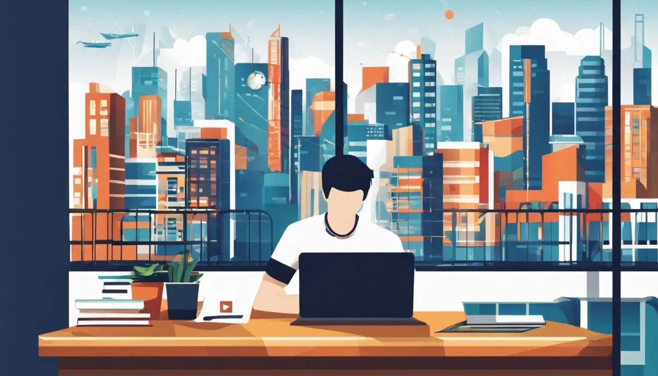 A person working on a laptop in a urban cityscape. A person working on a laptop in a urban cityscape.