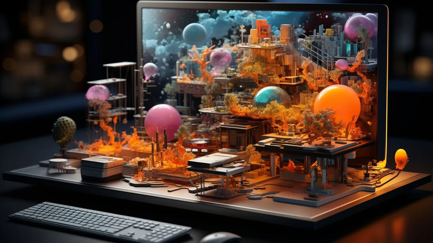 Detailed Photoshop interface with 3D tools and floating 3D effect 3D Photoshop workspace with floating panels and 3D text effect.