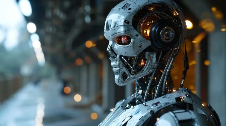 Humanoid robot adjusting sound wave on digital workstation with headphones Humanoid robot adjusting sound wave on digital workstation with headphones.