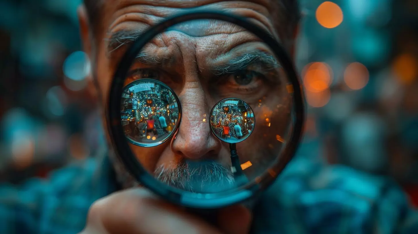 Person with a magnifying glass examining various affiliate program logos, symbolizing the selection of an affiliate program.