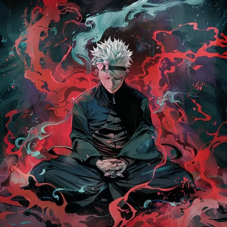 A dynamic portrait of Satoru Gojo with his blindfold on in Jujutsu Kaisen that is great for wallpaper 7 a man sitting in a black robe with red and blue flames