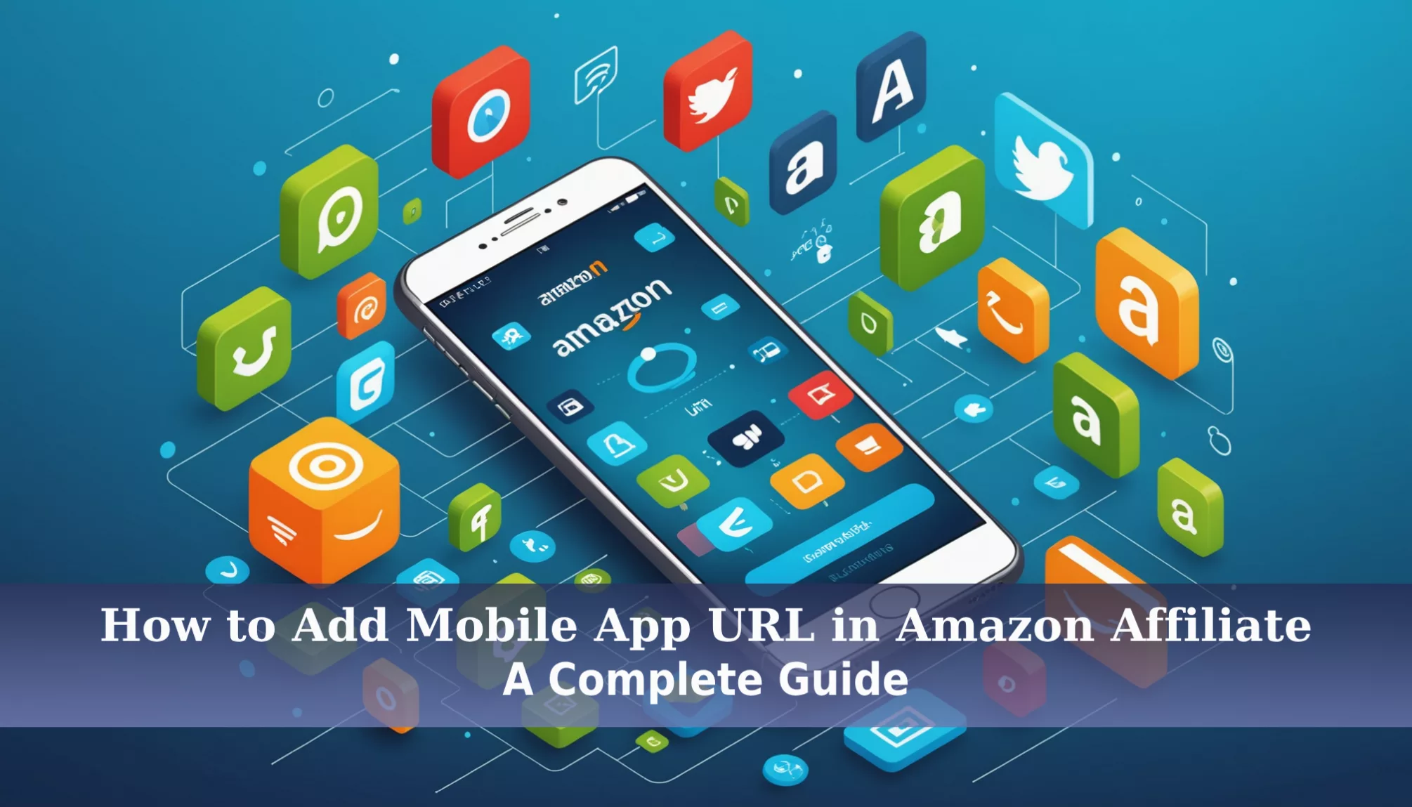 Smartphone displaying Amazon app icon amidst diverse social media icons on a blue canvas. Text overlay instructs, 