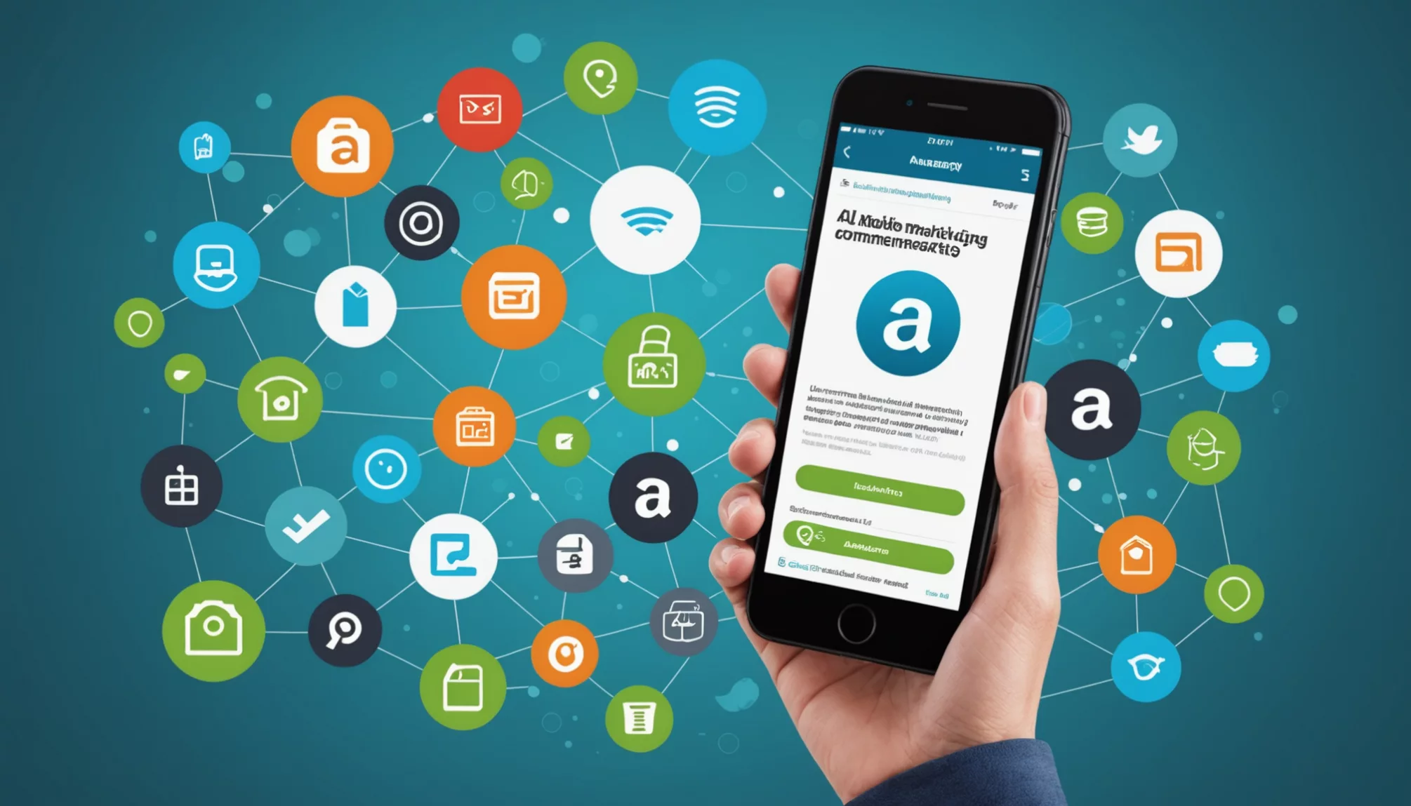 How to Add Mobile App URL in Amazon Affiliate A hand holds a smartphone displaying a mobile app against a backdrop of connected digital marketing icons and symbols, illustrating how to add a mobile app URL in an Amazon affiliate setup seamlessly.