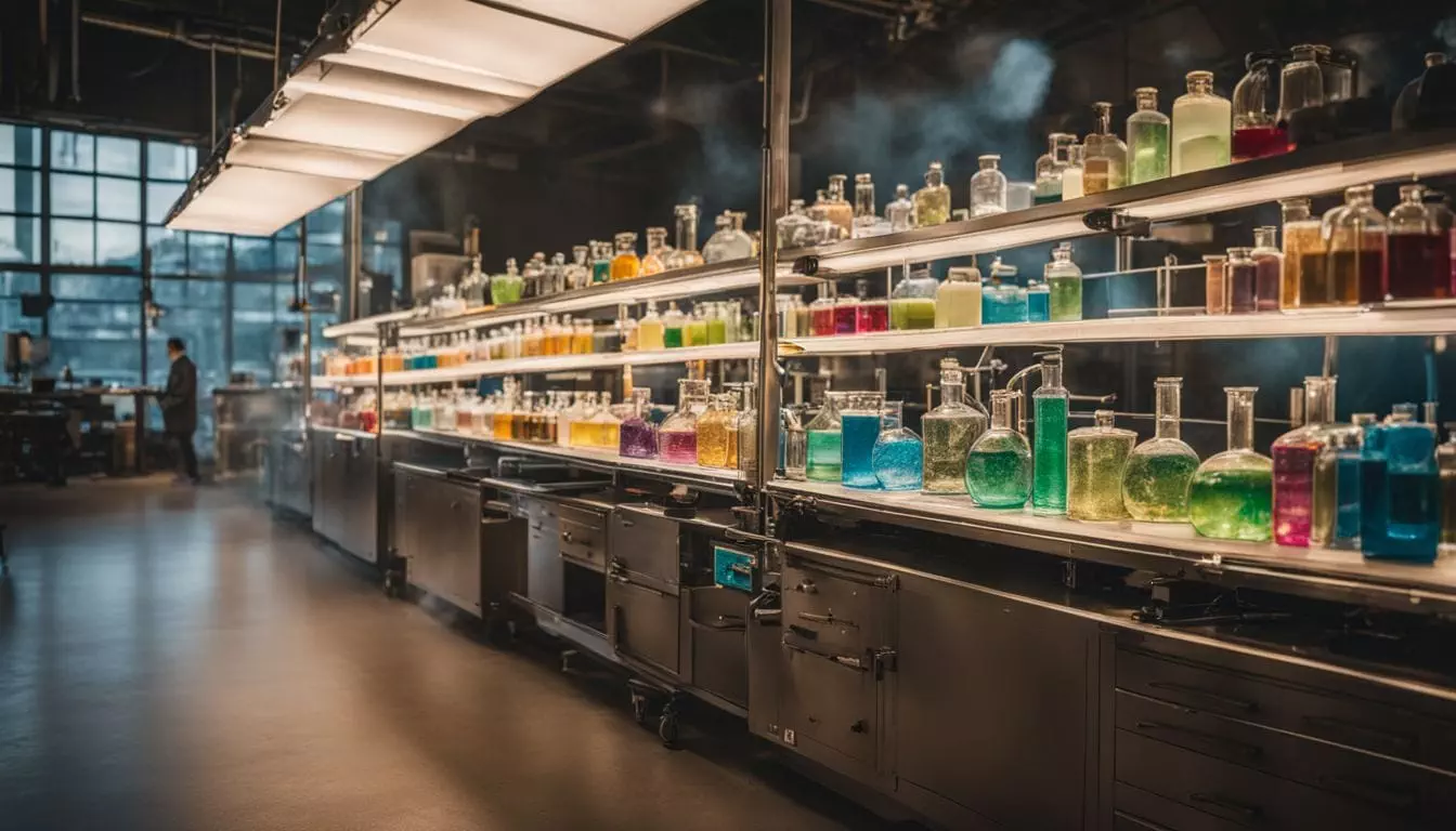 A variety of chemical reaction setups in a bustling laboratory.