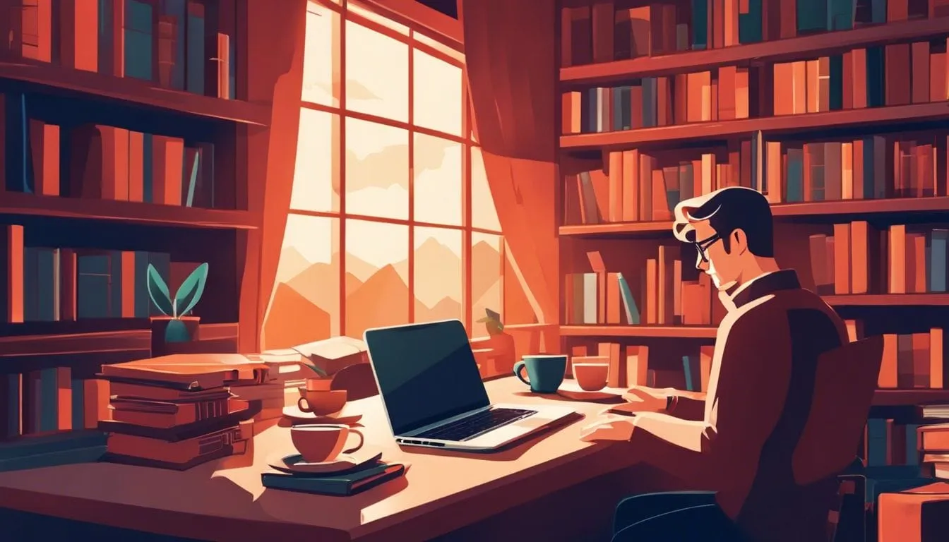 A person working on a laptop in a cozy home office setting. A person working on a laptop in a cozy home office setting.