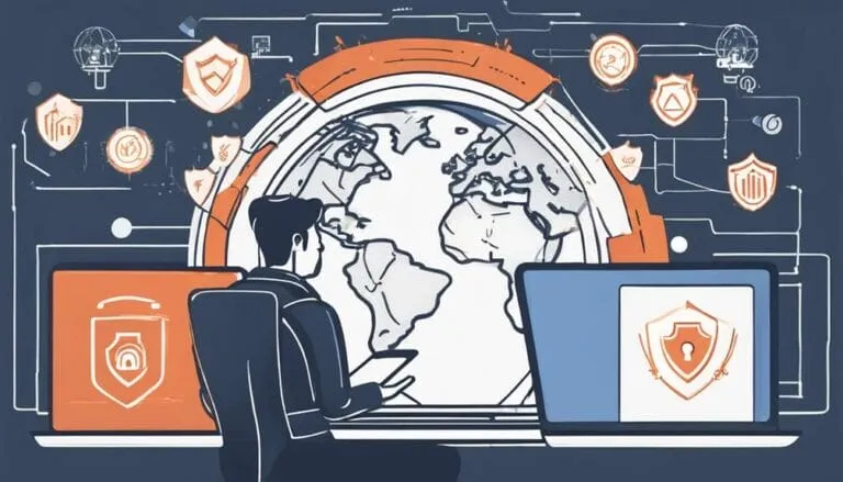 VPN Your Guide to Online Privacy and Security 1 0004 Illustration of a person at a desk with two laptops displaying security shields, surrounded by digital network icons and a globe in the background, representing cybersecurity.