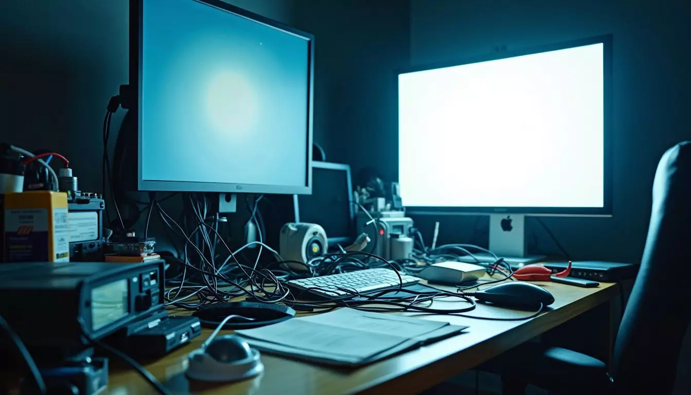 A cluttered desk with a computer screen displaying a bright image.