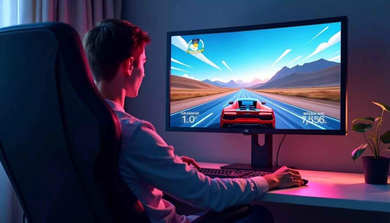 A high-speed car racing game displayed on a computer monitor with a high refresh rate.