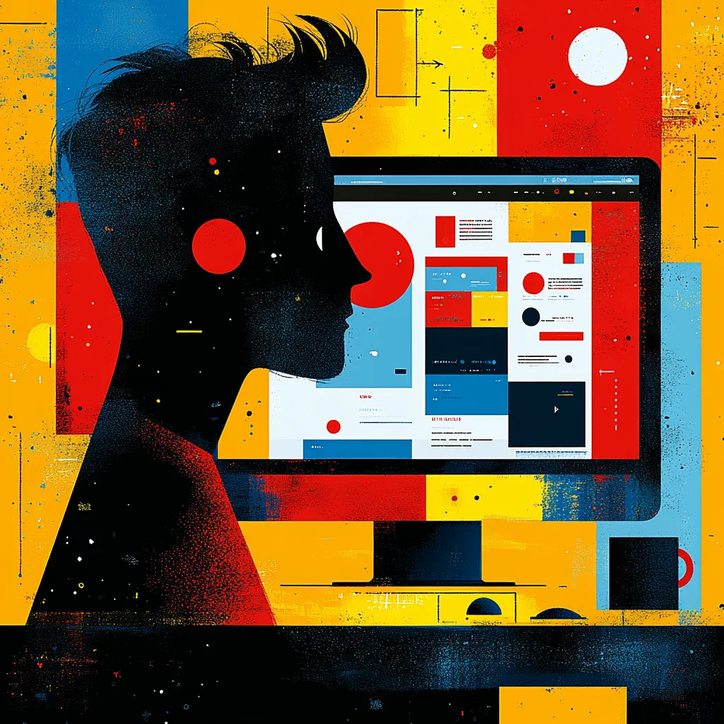 A silhouette of a person seated in front of a computer screen with an abstract design featuring colorful blocks and circles in red, blue, and yellow, pondering how to find incognito history.