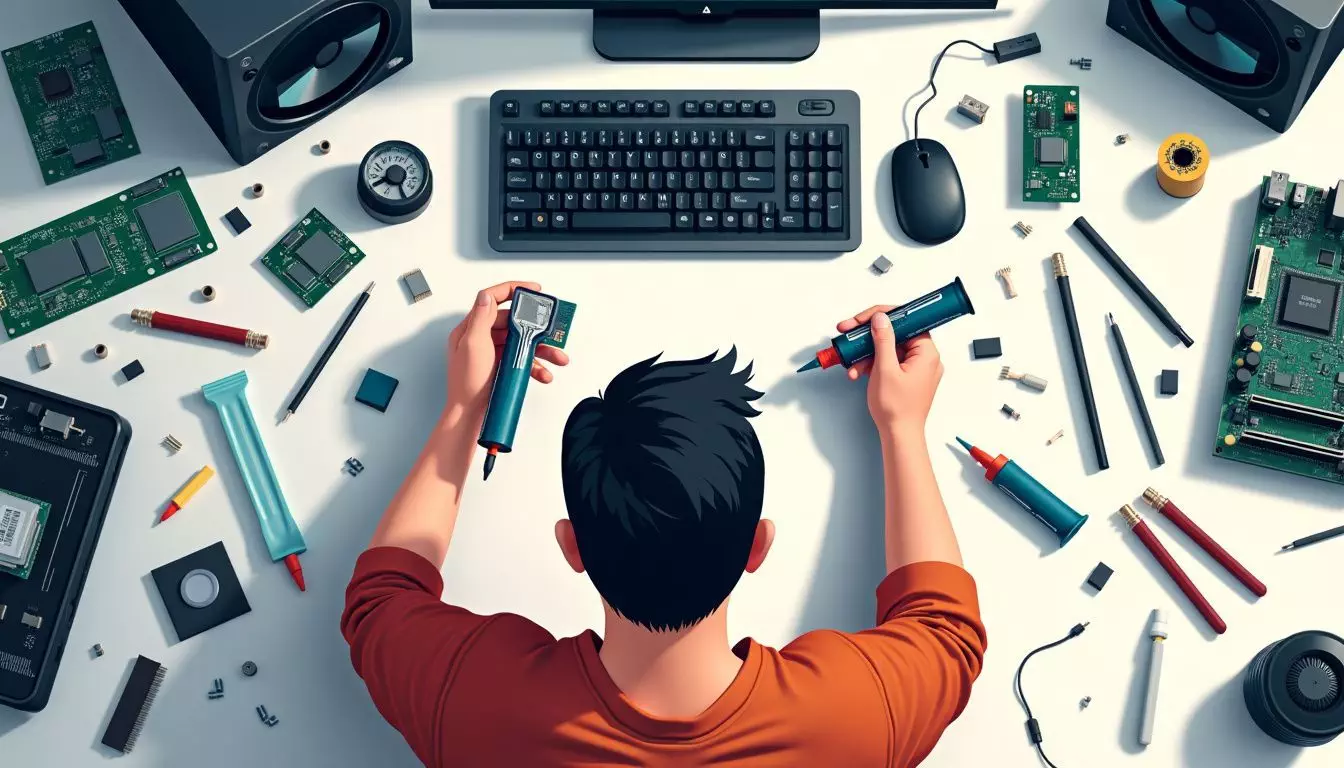 A computer technician applying thermal paste onto a CPU at cluttered workbench.