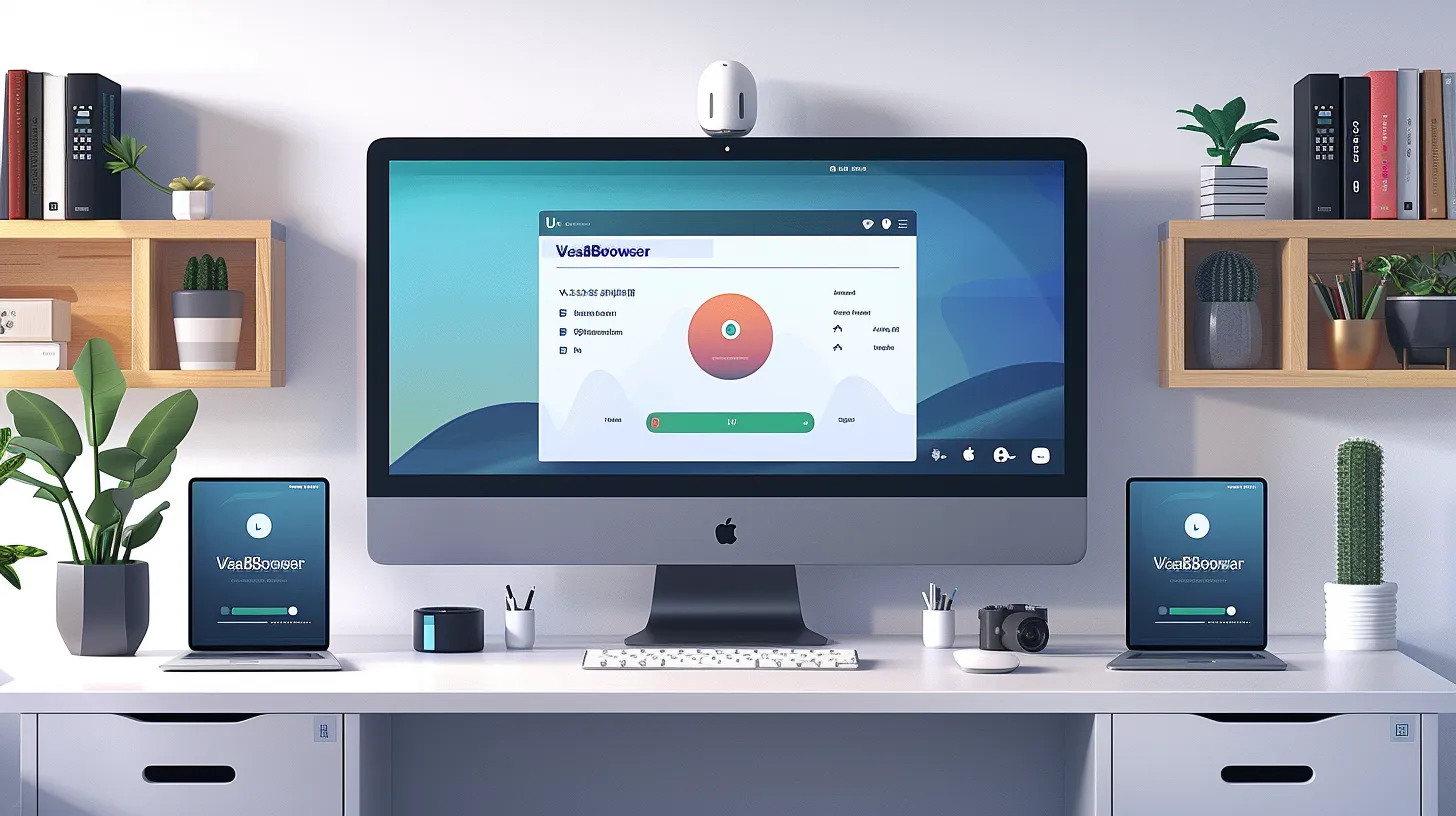 Flat design illustrating WaveBrowser removal Modern workspace featuring an iMac with a security dashboard, two laptops displaying