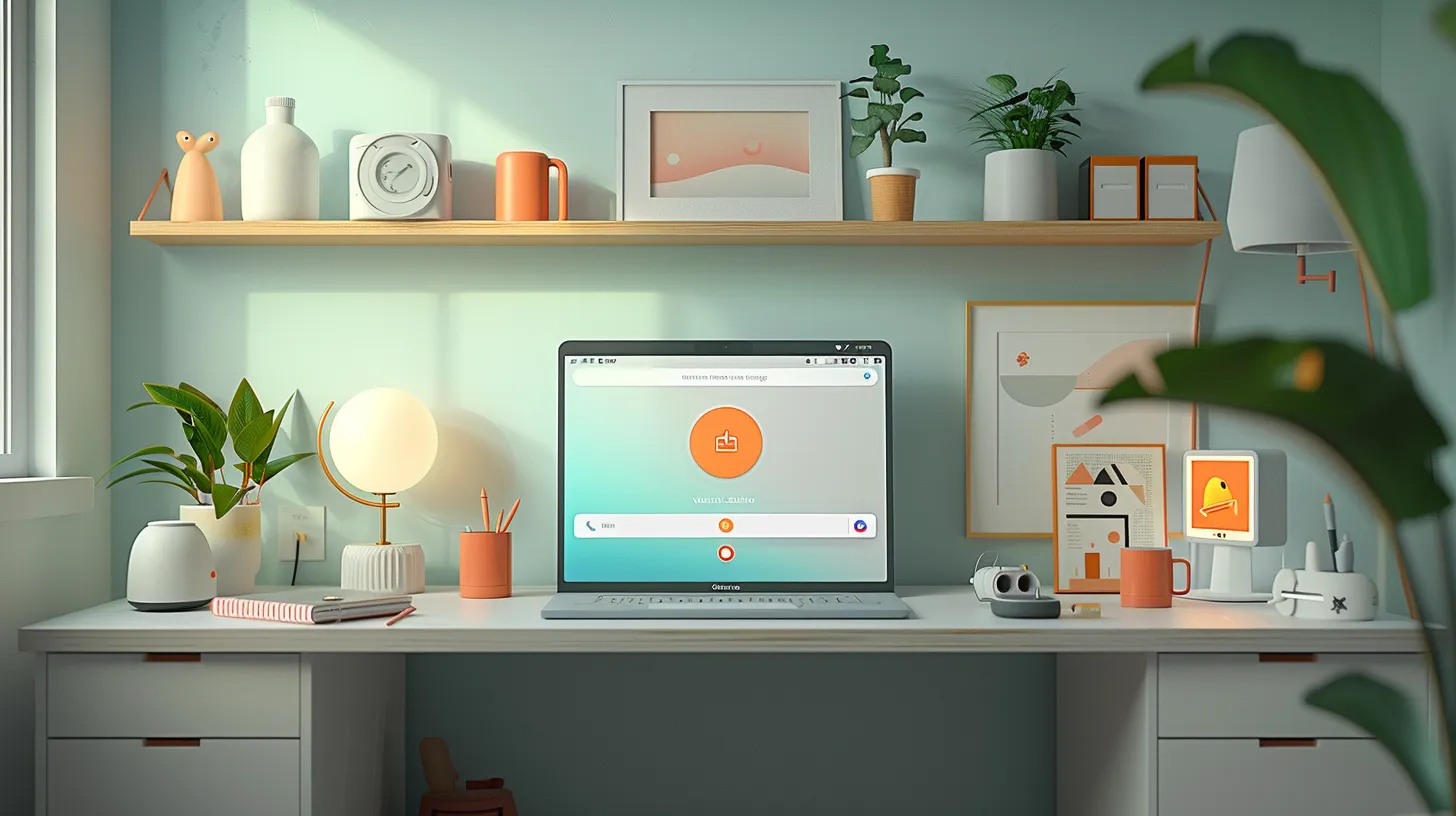 Flat design illustrating virus removal on Chromebook A tidy home office with a laptop on a white desk, perfect for learning how to scan for viruses on Chromebook. Surrounded by plants, a lamp, and decorative items, this serene space includes a wooden shelf mounted above for additional decor.