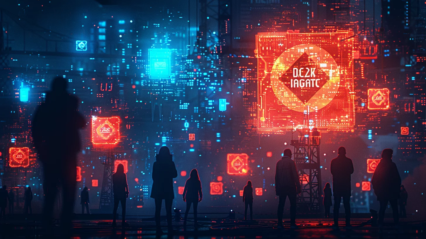 What Is Dark Web Alert featuring silhouetted figures stand before a digital wall displaying red and blue glowing data and symbols, reminiscent of a dark web alert pulsing with mysterious energy.