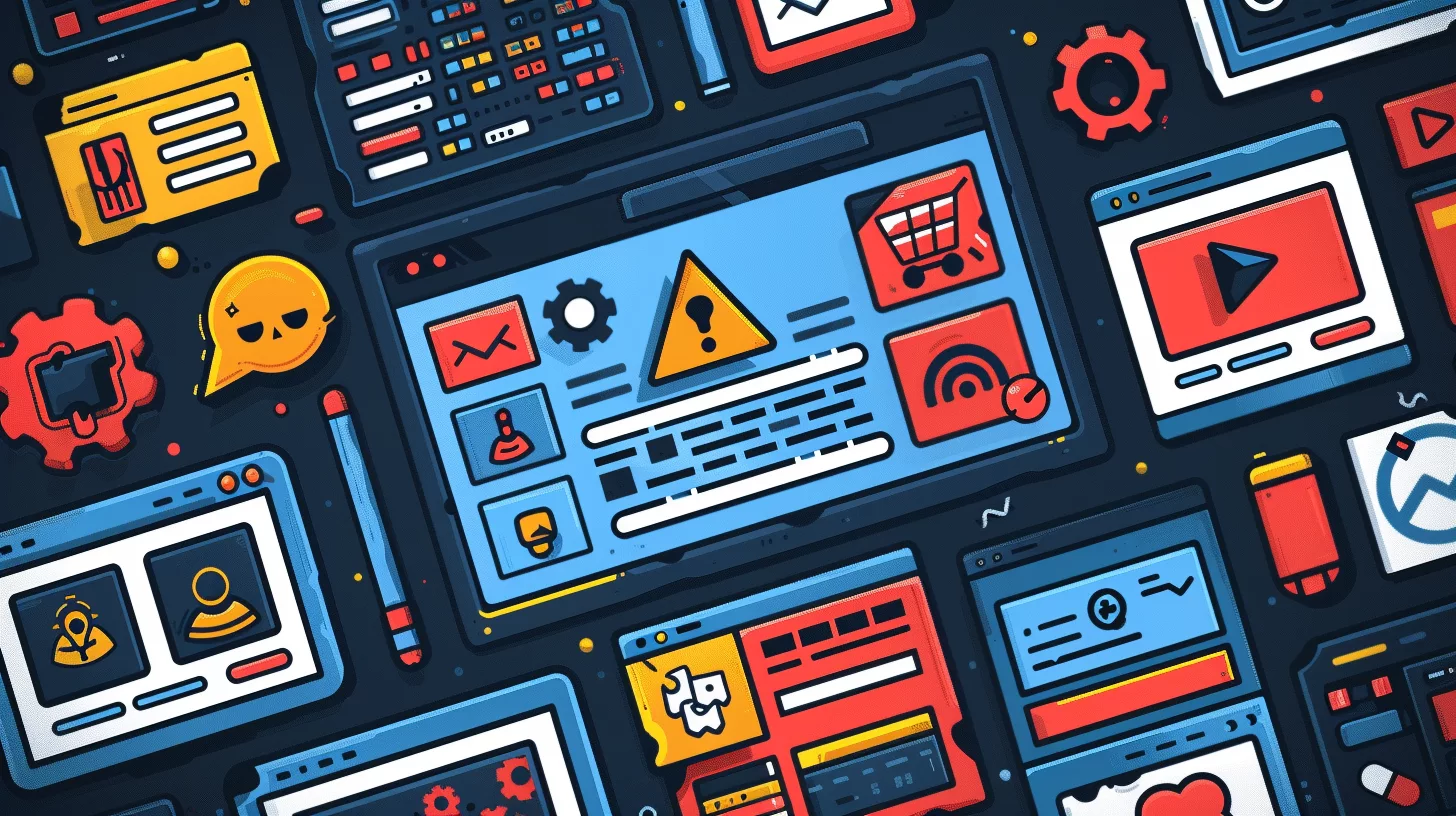 Illustration of various digital interface elements, including warning symbols, shopping carts, and multimedia icons, arranged in a colorful, overlapping pattern. Curious about new tools like what is wavebrowser? This blend adds an engaging layer to the vibrant mix.