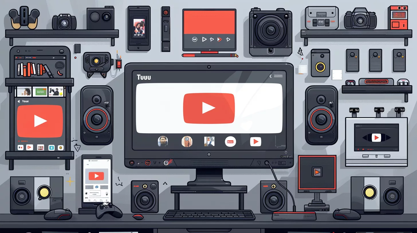 An organized display of electronic devices, featuring a central monitor with a large play button, is surrounded by cameras, speakers, and gadgets—perfect for streaming videos seamlessly with an integrated ad blocker for YouTube.