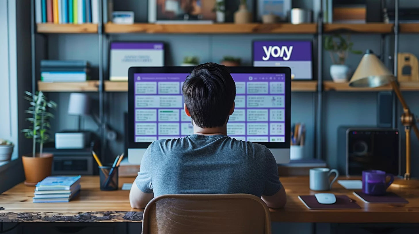 A person puzzled by why their browser keeps going to Yahoo sits at a desk in a home office, facing a computer monitor with multiple windows open. In the background, shelves are filled with books and plants, adding to the room's vibrant yet serene atmosphere.