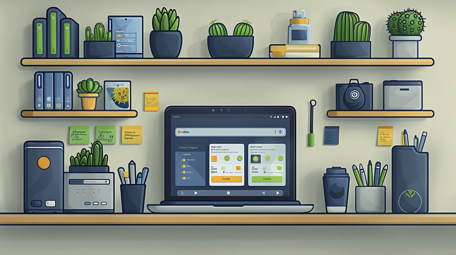 Flat design of Chromebook malware prevention A desk is adorned with a laptop displaying a guide on how to scan for viruses on Chromebook, nestled among potted plants, books, folders, a camera, sticky notes, pens, a cup, and other office supplies on shelves.
