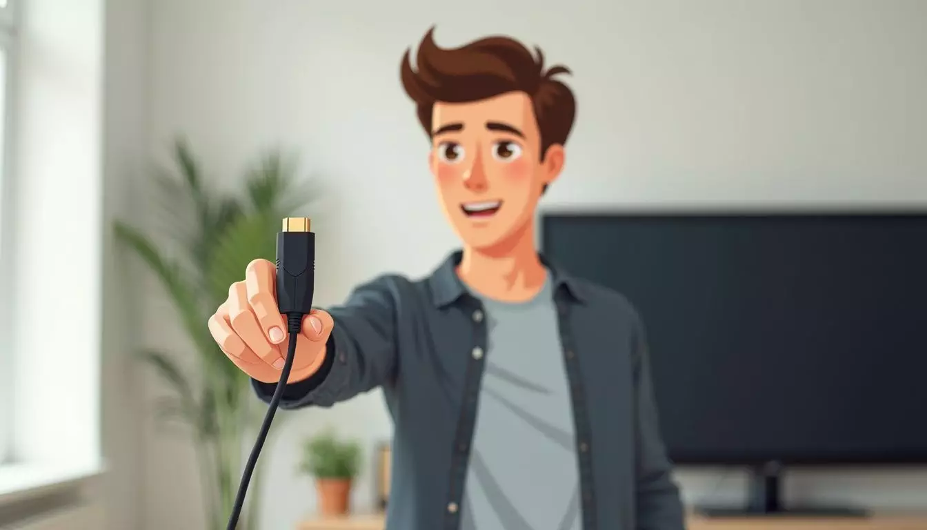 A man holds an HDMI connector next to a TV and monitor.