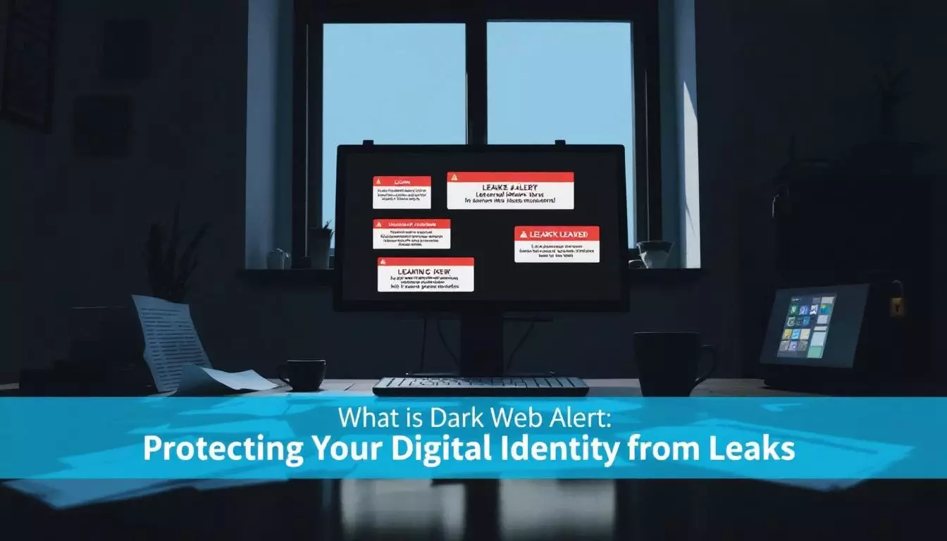 Computer screen displaying alerts about digital identity and data leaks, with a dark office background. Text at bottom reads, 