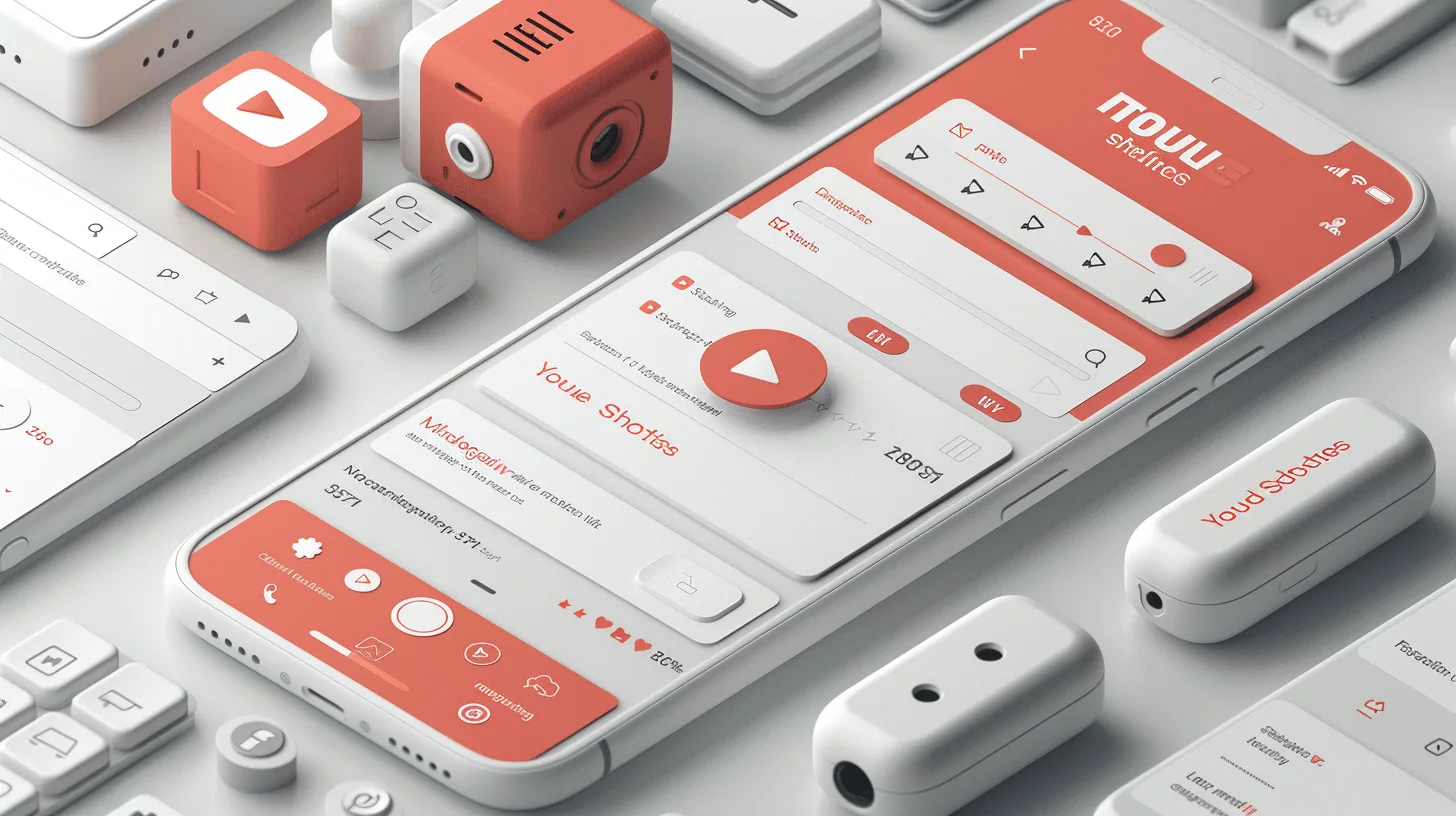 The mobile app interface on the smartphone showcases features for blocking YouTube Shorts, surrounded by cube-shaped objects and app icons in striking red and white.