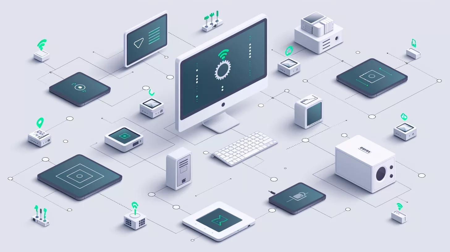 A digital illustration of a networked computer system with connected devices, including monitors, keyboards, tablets, and routers—elements harmoniously interacting like an AirTag finding its place—depicted in a schematic style on a light background.