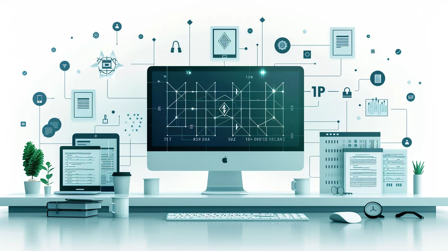 A digital workspace with computer screens displaying technical blueprints, surrounded by various tech-related icons and office supplies on a desk.