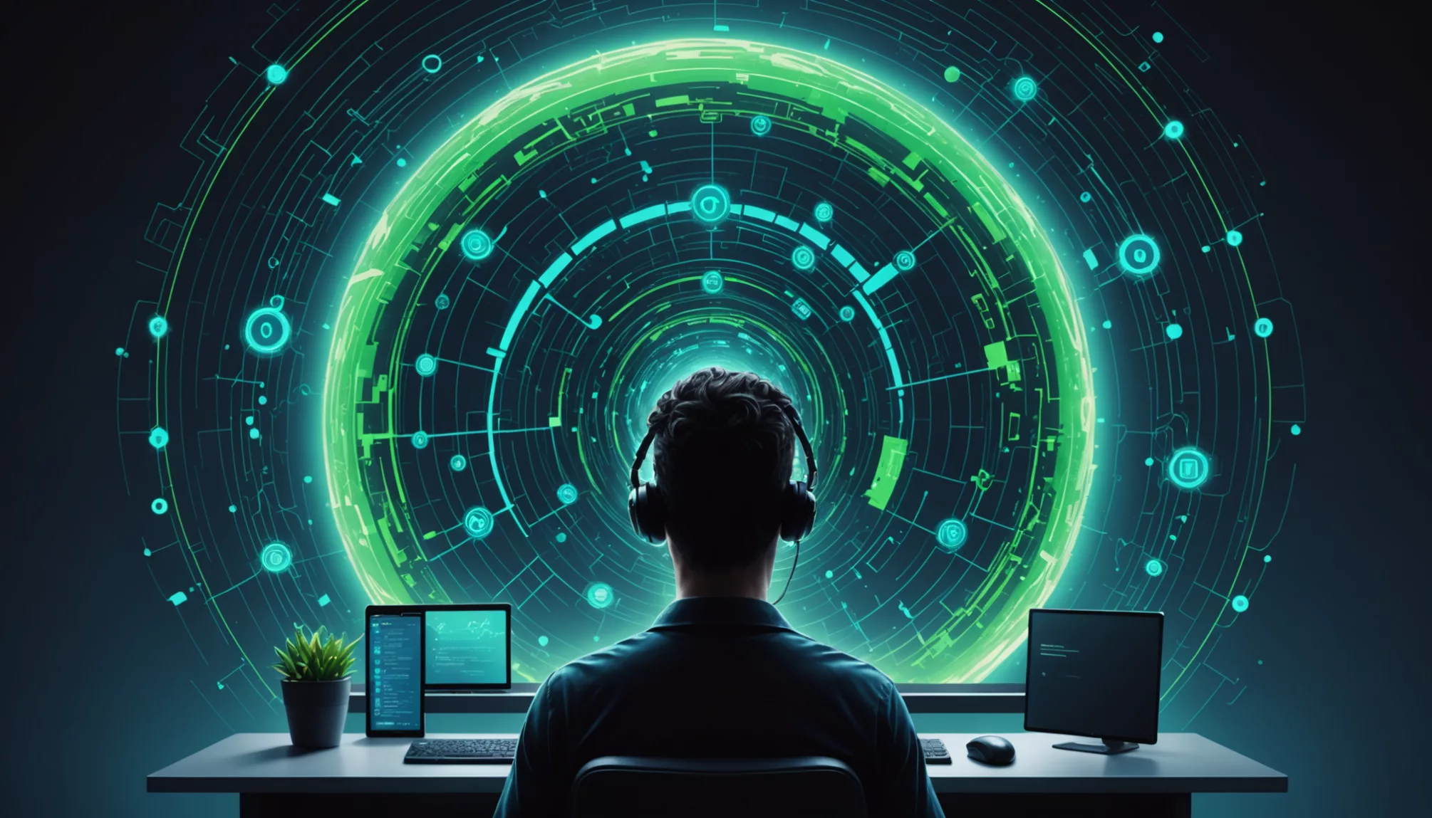 A person wearing headphones sits at a desk with multiple screens, exploring a digital green circular pattern resembling a futuristic interface, pondering if a VPN can be tracked by police.