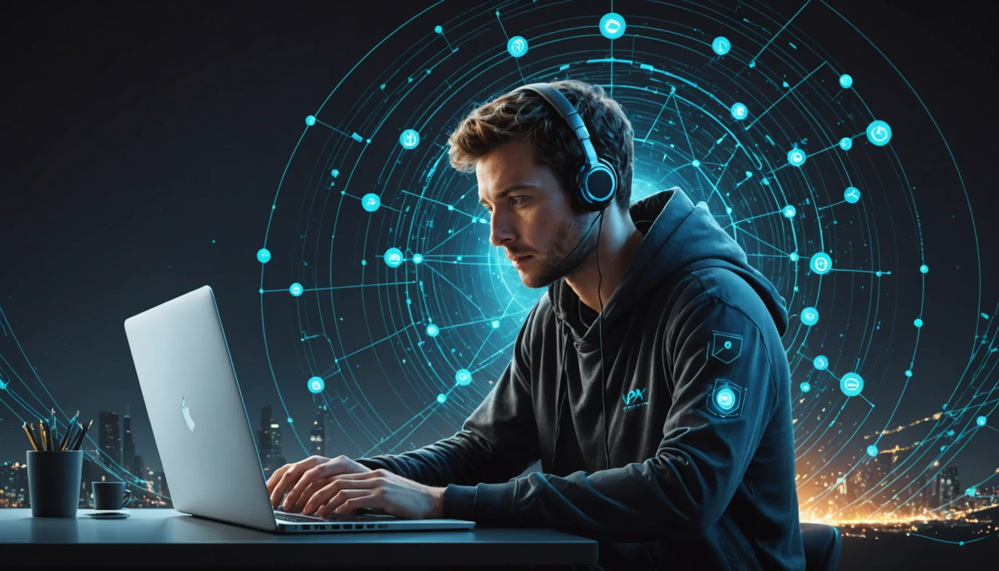 ISP Perspective on VPN Use A man wearing headphones works on a laptop, deeply focused on tasks as a digital network visualization fills the background. Using VPN technology ensures privacy, leaving him unworried about whether his internet provider can see his history.
