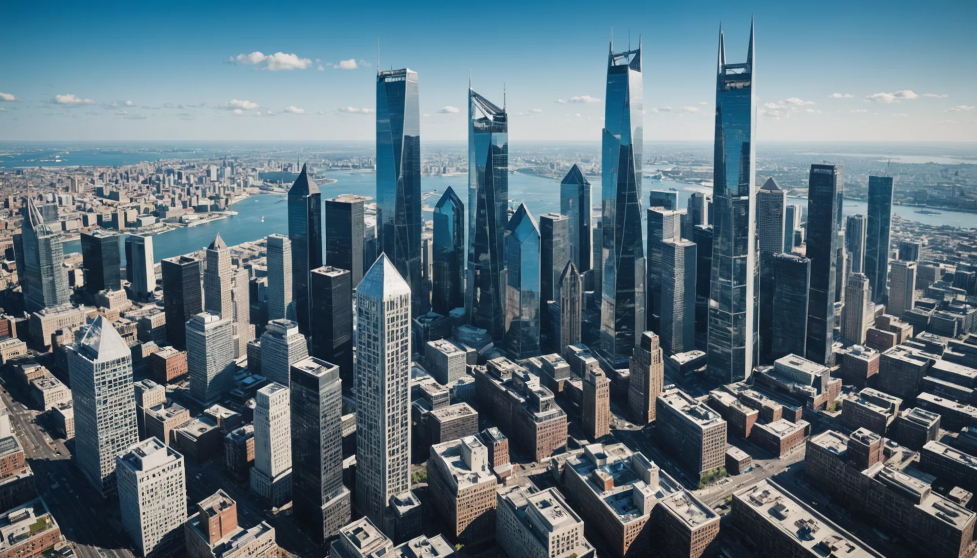 From an aerial view, the modern cityscape showcases numerous tall skyscrapers against a clear blue sky, with a river meandering in the background. The urban landscape presents a visual debate reminiscent of a LinkGraph vs Fat Joe showdown, where structures stand as titans vying for dominance.