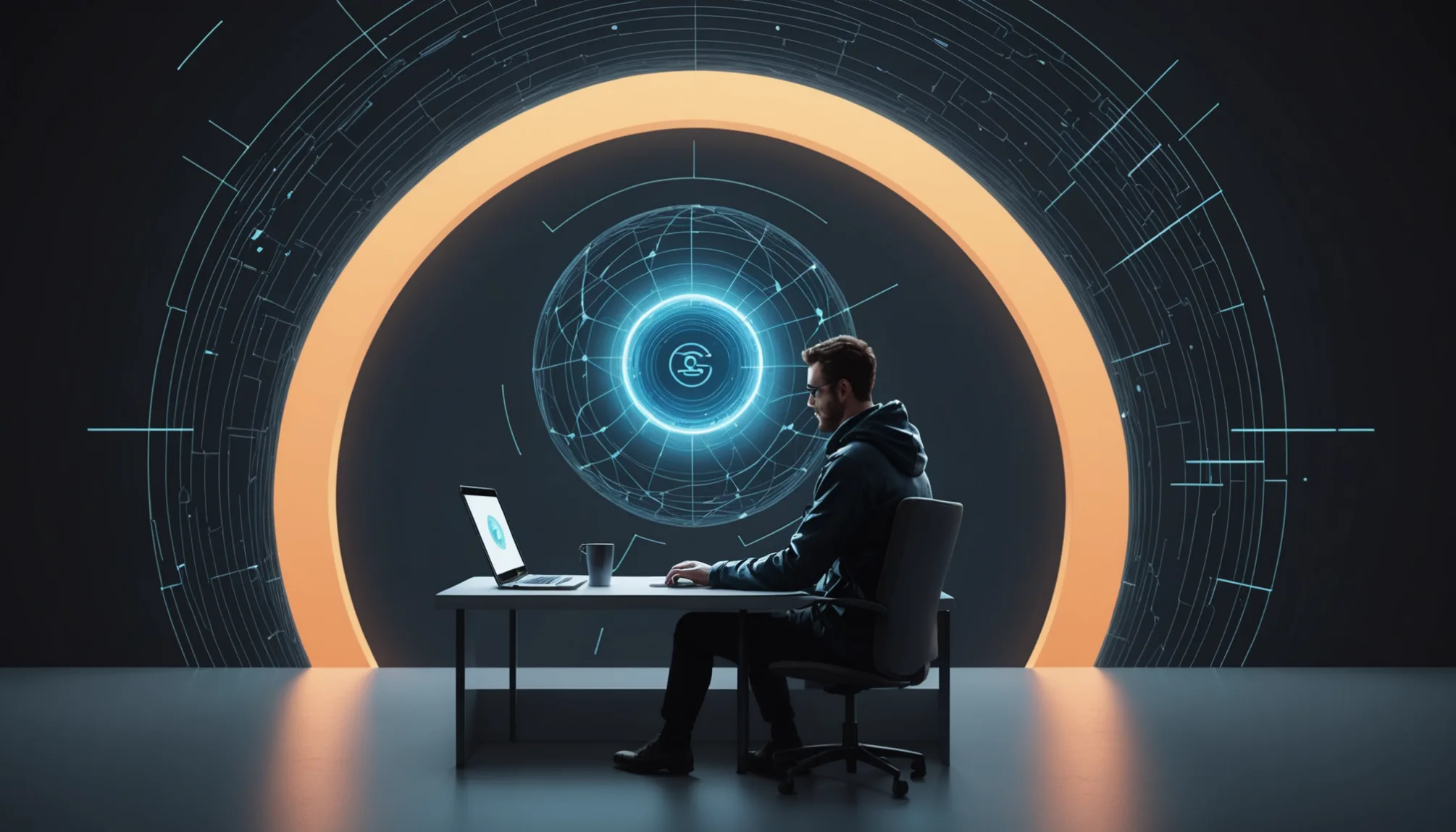 Making an Informed Choice About VPN Usage A person sits at a desk with a laptop, immersed in a futuristic digital display of circular patterns and glowing elements. As they ponder whether an internet provider can see history with VPN, the vibrant interface enhances their focus on privacy and connectivity.