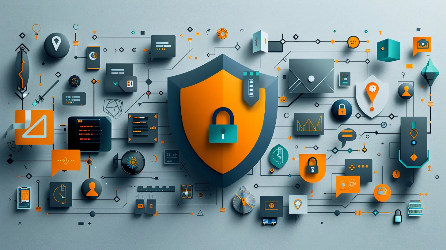 A digital security concept illustration featuring a central shield with a lock, surrounded by various cybersecurity icons and network elements over a light blue gradient background.