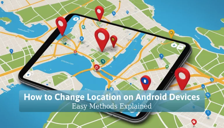 A smartphone screen shows a map with red and blue location pins, illustrating the text overlay, 