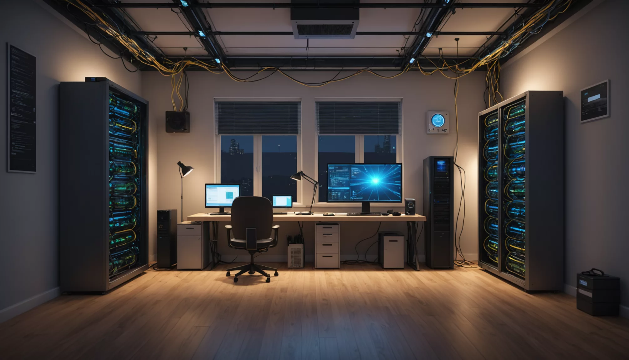 A dimly lit server room with two desks, computer monitors, and an office chair is filled with the hum of multiple server racks—an ideal setup for learning how to build a web hosting server. Cables snake along the ceiling, while a window offers a glimpse of the cityscape beyond.