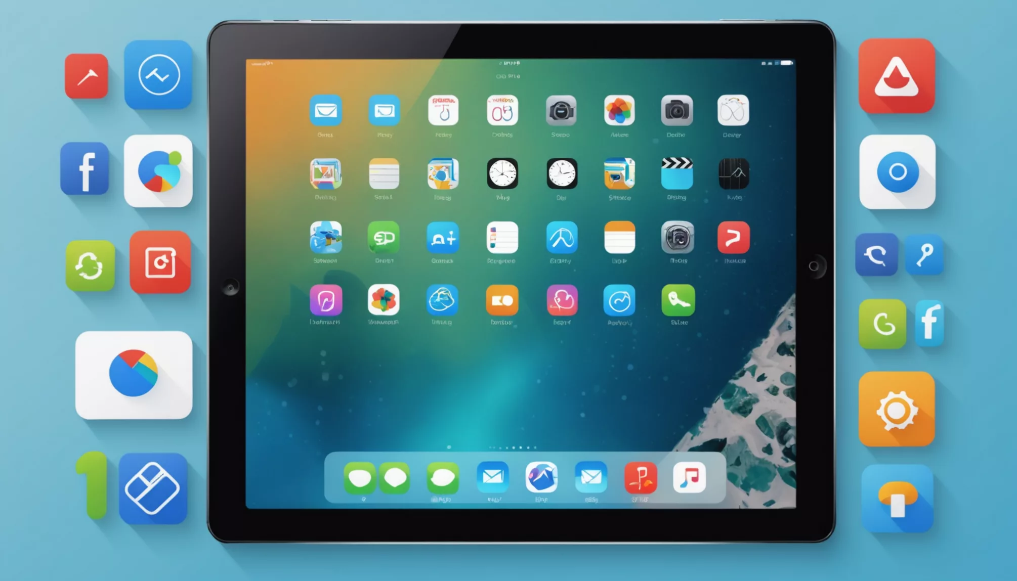 A tablet showcasing its home screen adorned with various app icons, while individual icons are artfully enlarged against a blue background reminds users of the importance of learning how to clear app cache on iPad to keep their device running smoothly.