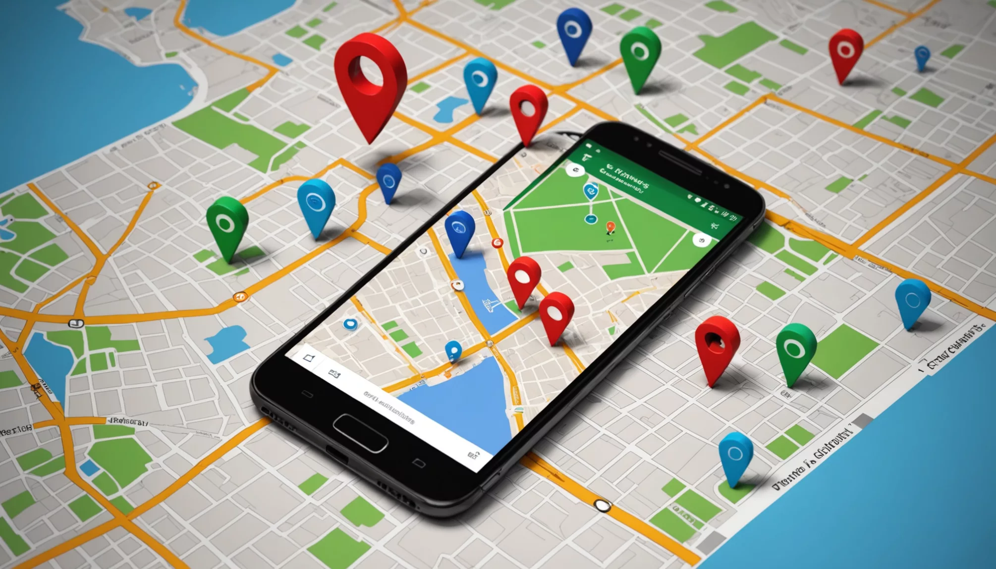 A smartphone displays a map with GPS markers over a physical map. Red, blue, and green pins indicate various locations, illustrating how to change location on Android for seamless navigation and effective location tracking.