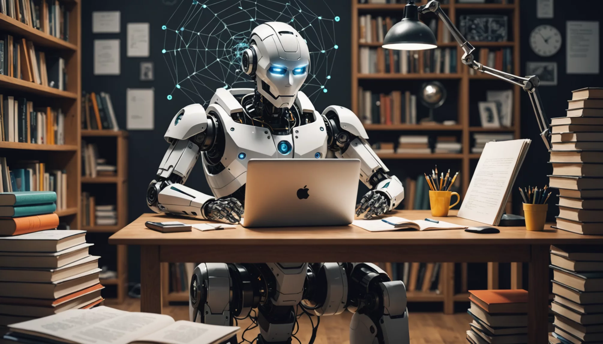 A humanoid robot with glowing blue eyes sits at a desk using a laptop in a library. Surrounded by stacks of books, papers, and a desk lamp, it focuses on the task at hand. The background features a network diagram on the wall, hinting at its ability to utilize tools like ChatGPT to summarize articles efficiently.