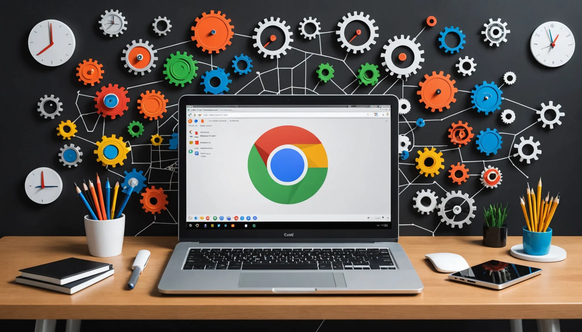 Speed Up Chrome 1 A laptop displaying a Chrome browser window sits on a desk, with colorful gears and clocks on the wall behind it, possibly pondering the question: