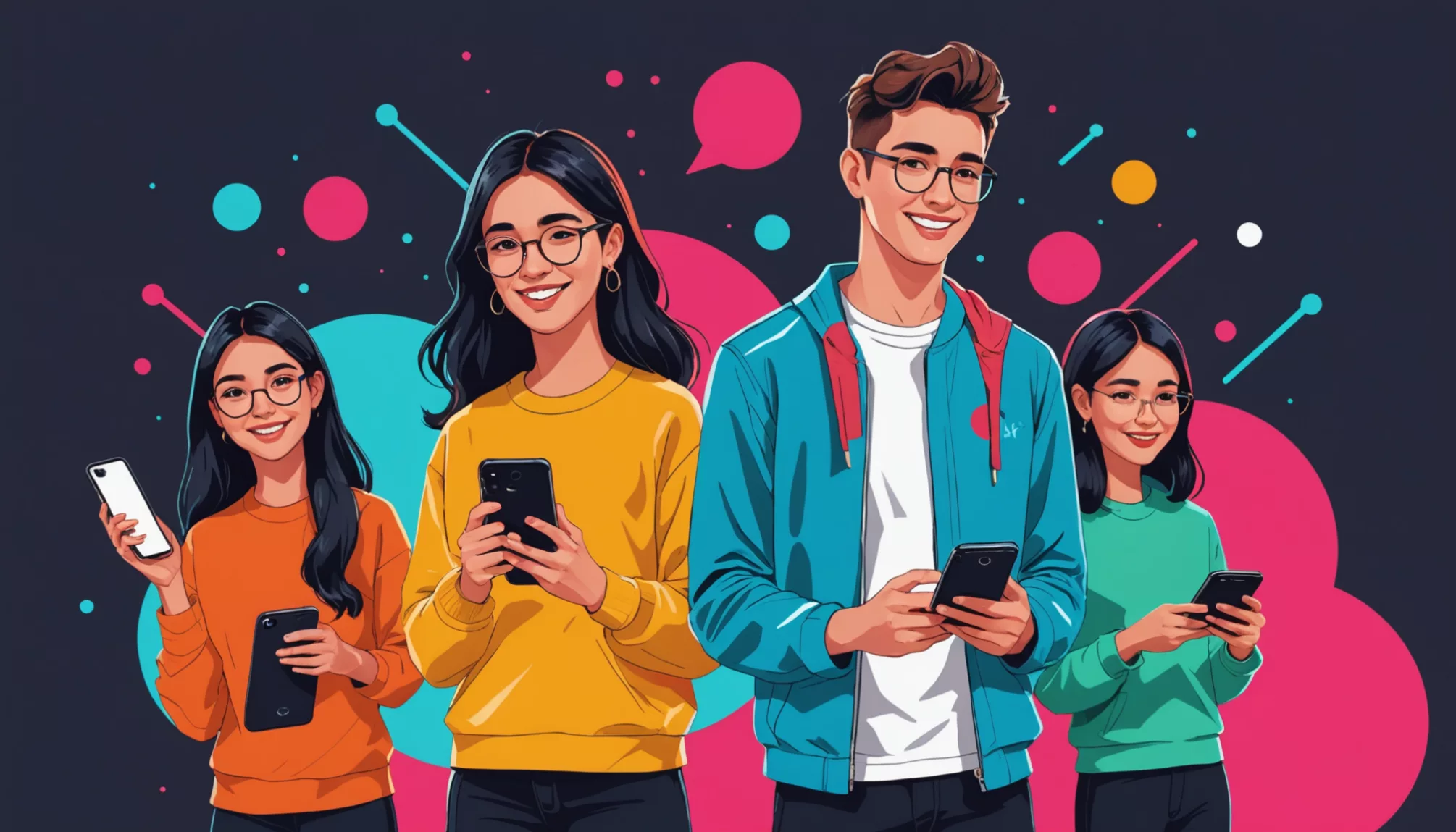 Illustration of four people smiling and using smartphones, with colorful speech bubbles in the background, capturing the vibrant energy of learning how to affiliate market on TikTok.