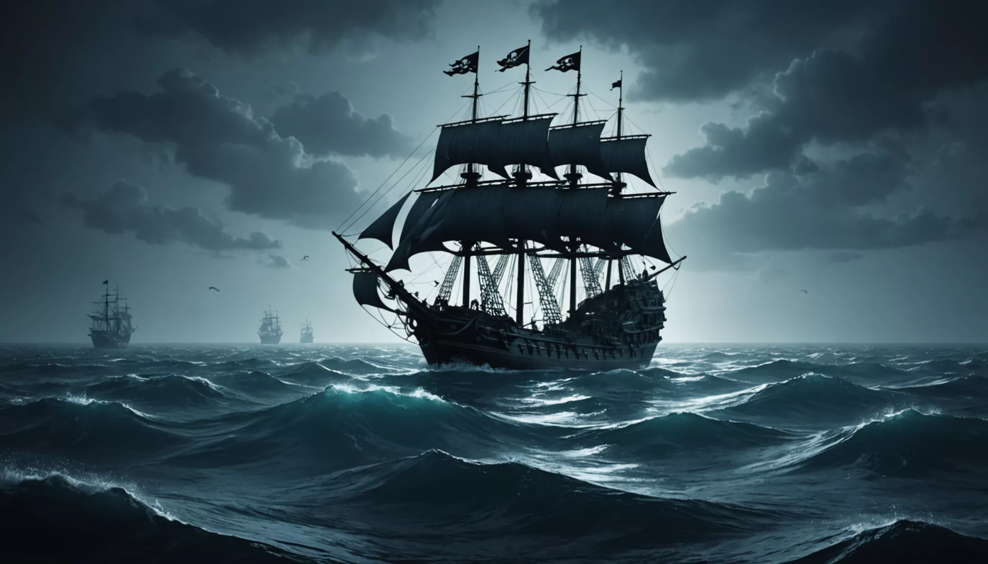 A tall ship with full sails navigates rough seas under a cloudy, moonlit sky, reminiscent of an era when pirate websites for TV shows brought adventure into homes. Other ships are visible in the distance, capturing windswept tales and secretive journeys beyond the horizon.