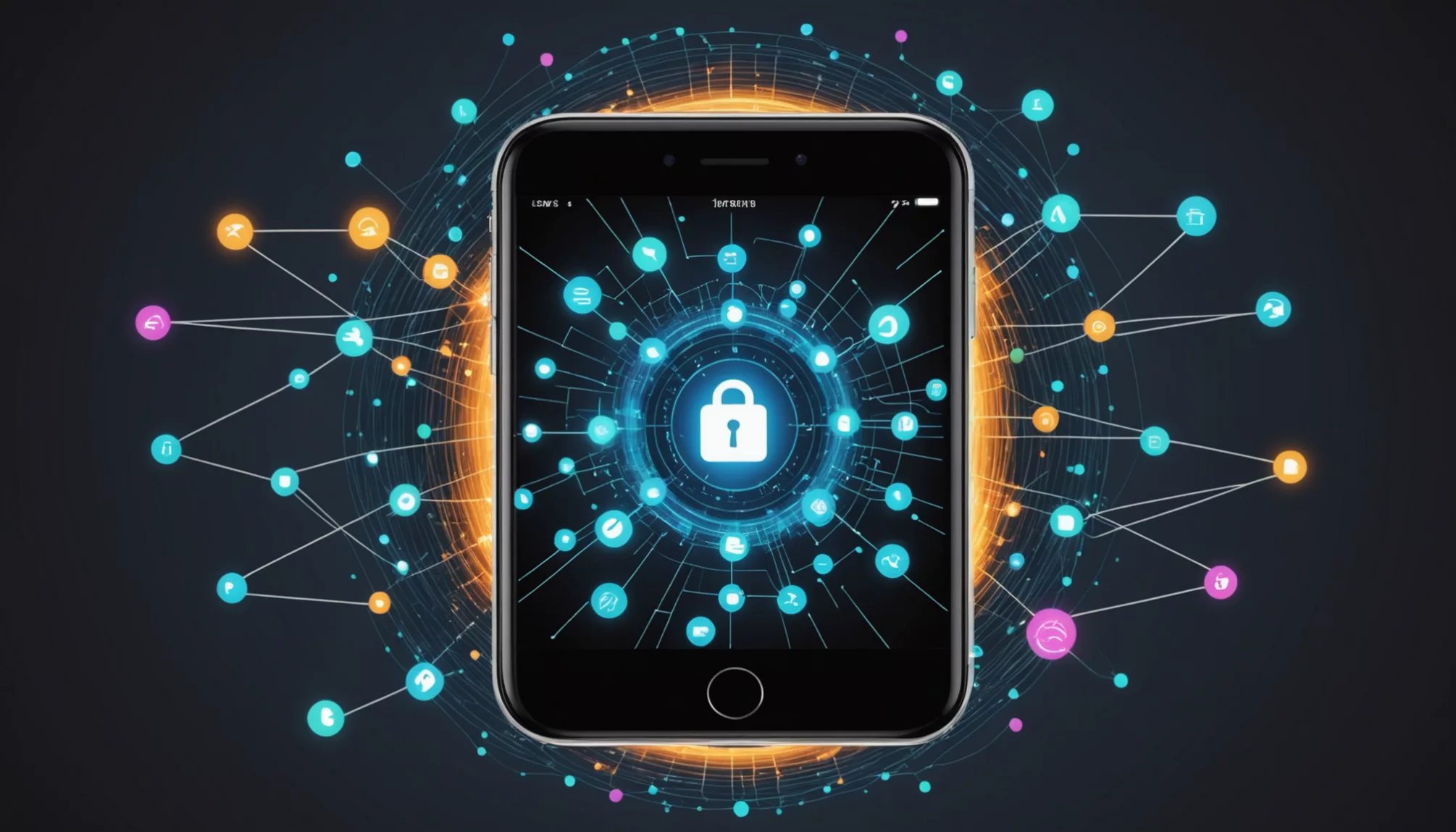 A smartphone screen displays a lock icon, enveloped by connected digital icons, symbolizing secure communication and data protection. Learn how to change your IP address on iPhone to enhance this layer of security effortlessly.