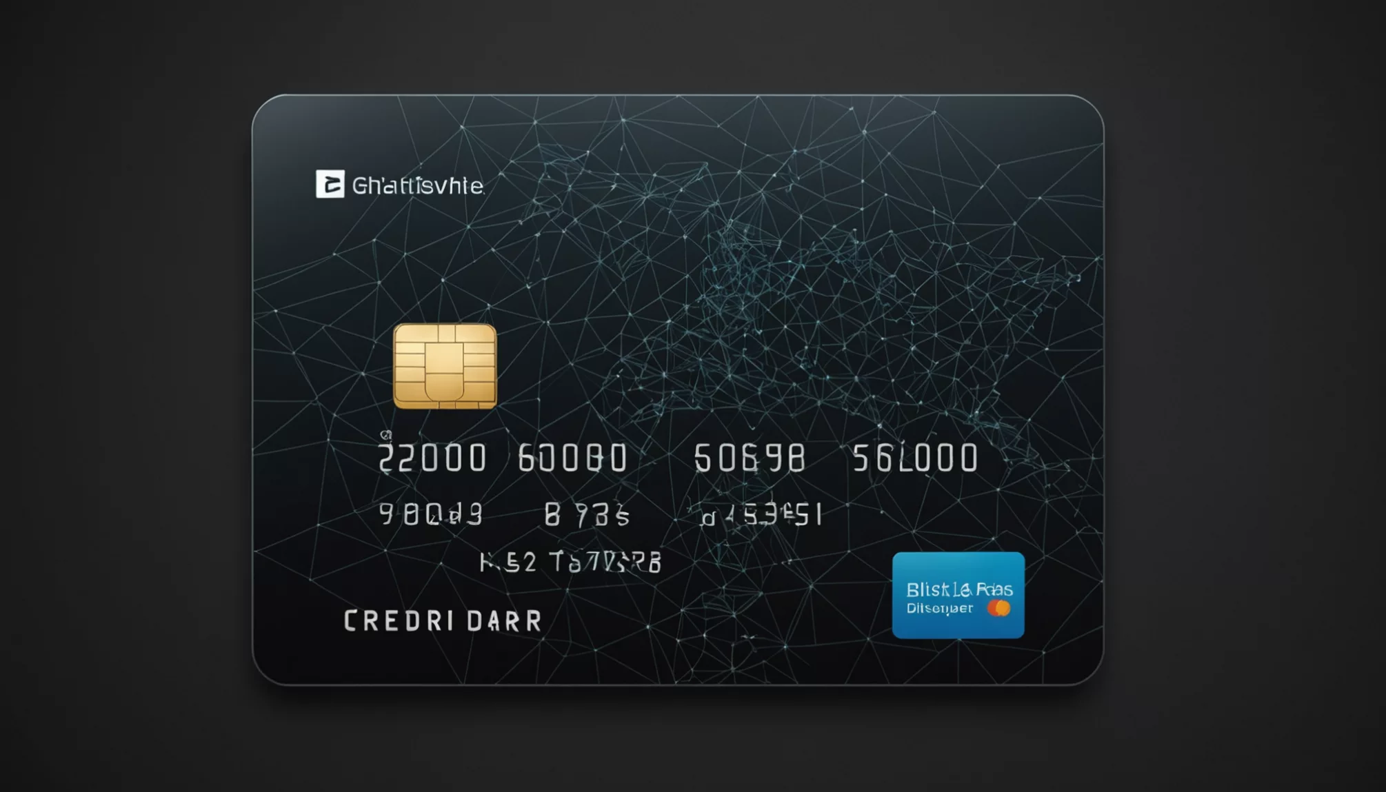 A credit card with a chip, adorned with a geometric design and world map lines. Mock bank details include 