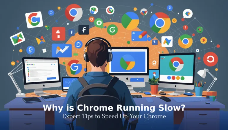 Why is Chrome Running Slow featured Person at a desk with three monitors displaying Chrome logos and graphs, surrounded by app icons. Text reads: