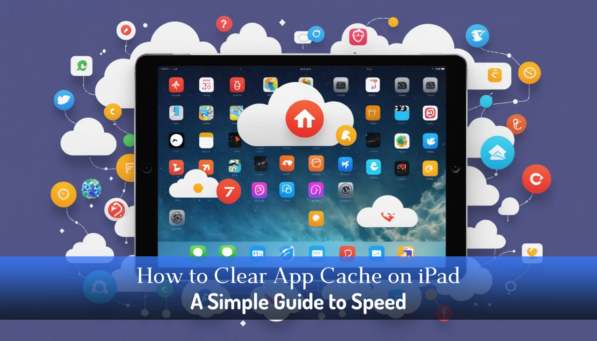 An iPad screen is surrounded by app icons and cloud graphics set against a vibrant purple background. Text overlay reads, 