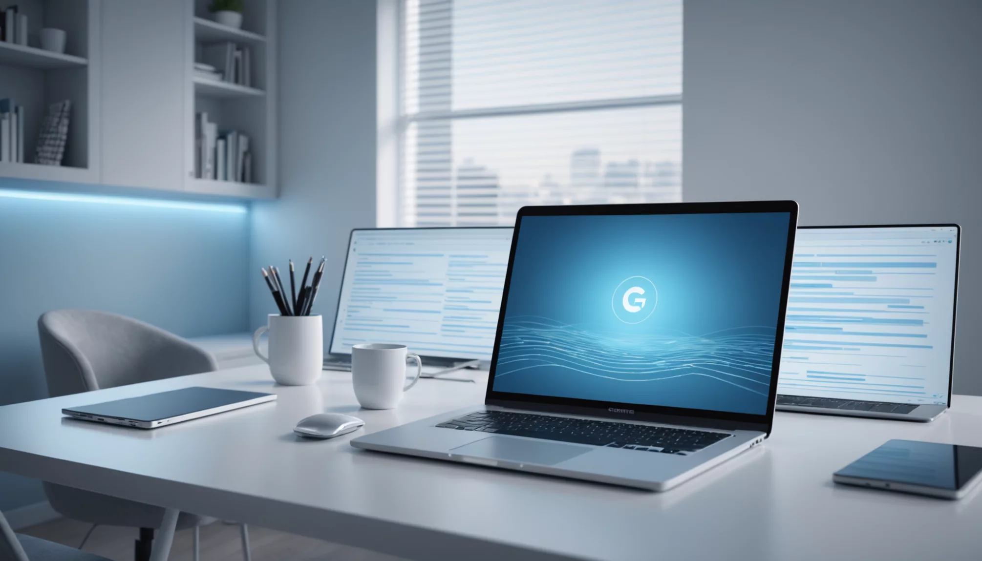 A modern office desk showcases three open laptops, one seemingly fresh from a factory reset and ready to go without a password. Graphs and a logo animate the screens, while cups, pens, and a tablet rest beside. Sunlight streams through window blinds, brightening the scene.