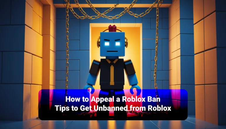 In a vibrant blue and yellow room adorned with chains, a Roblox character stands thoughtfully. Text overlay reads: 