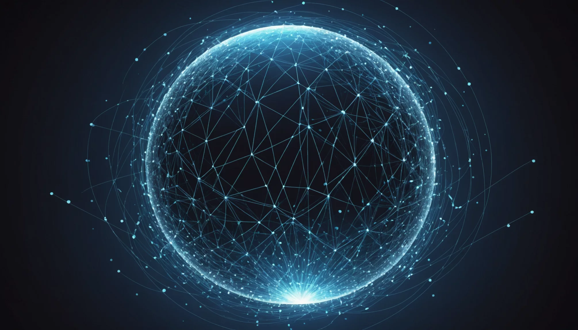 A glowing blue sphere made of interconnected lines and nodes on a dark background, resembling a network or globe, mirrors the intricate process of finding an email IP address.